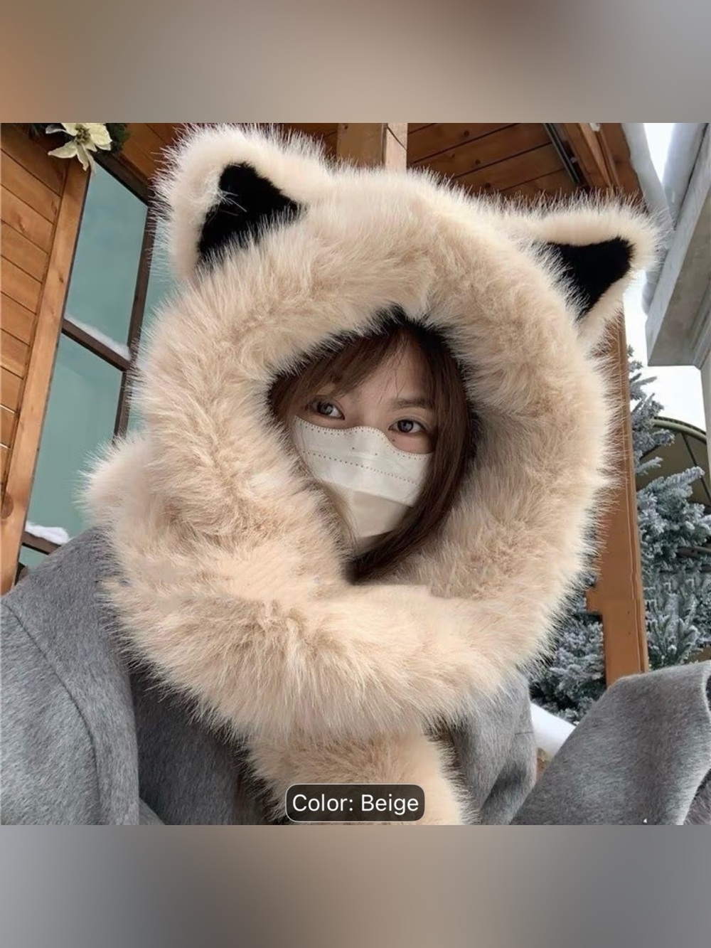 Beige & Black Faux Fur Cat-Ear Hood